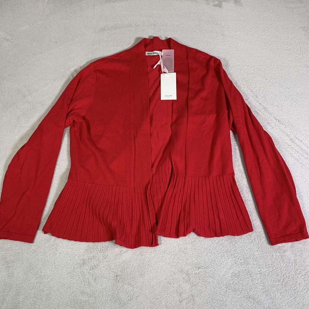 Grace Karin Cardigan Sweater Womens XL Red Open Front Long‎ Sleeve Viscose NEW
